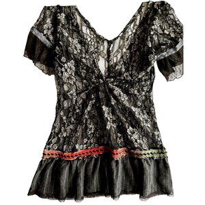 Free People Whimsygoth Lace Top Small Black Gray Peplum Steampunk Rocker Vampy